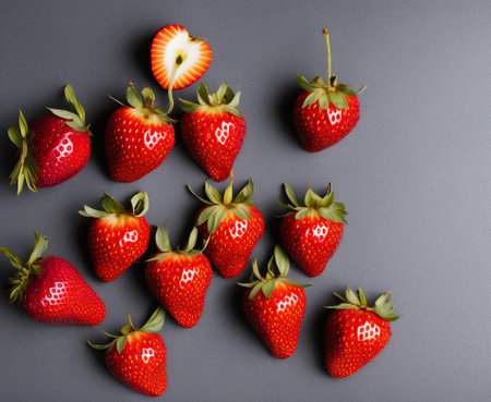 Strawberries on a gray background. Top view. Flat lay.の写真素材