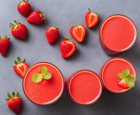 Strawberry smoothie in glasses on grey background, top viewの写真素材