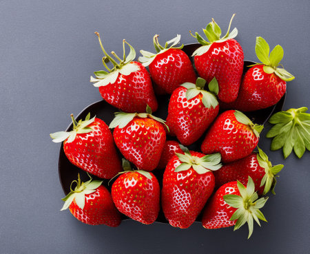 Strawberries in a bowl on a black background, top viewの写真素材