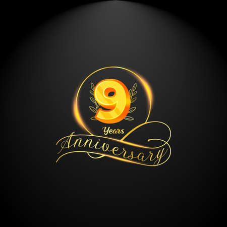 Elegant golden 9 years anniversary logo template. luxury retro vintage style. vector illustrationのイラスト素材
