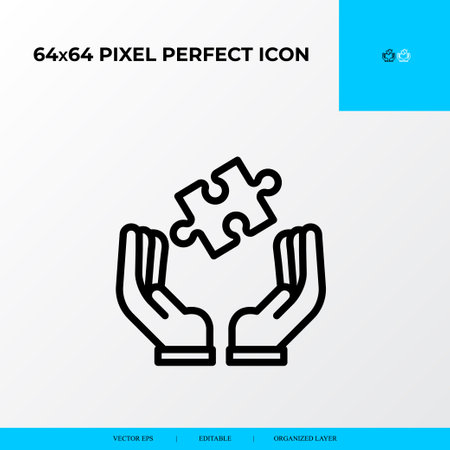 Problem solving and Solution Icon Concept. hand and piece of puzzle. 64x64 vector line icon style.のイラスト素材