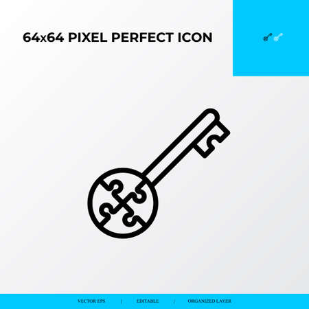 Problem solving and Solution Icon Concept. Key with circle in puzzle piece. 64x64 vector line icon style.のイラスト素材