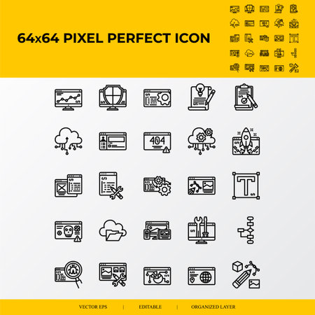 Set of Web Design Development Related Vector Line Icons. Brief, development, graphic design, coding, cloud security.64x64 pixel perfect iconsのイラスト素材