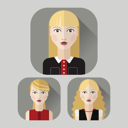 Vector flat icon avatar set. Blond woman character with different hair style and clothesのイラスト素材