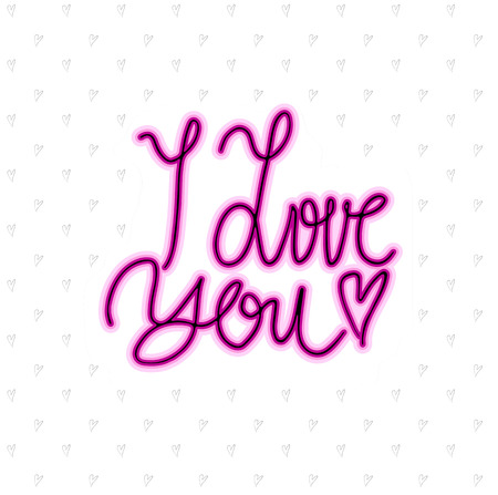 phrase I Love You in handwriting on doodle heart background. Modern hand drawn calligraphy. Lettering for print and posters. Typography poster design.のイラスト素材