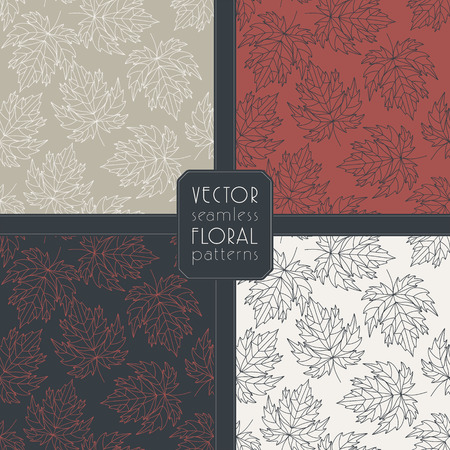 Vector hand drawn linear floral pattern set. Repeating textures with maple leaves. Simple ornamental backgrounds with outlined leaf motif. Natural minimalistic patterns.のイラスト素材