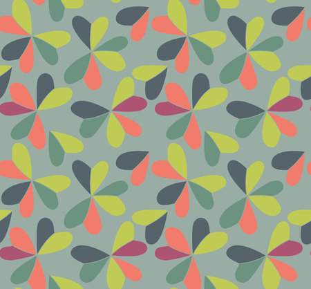 Vector seamless pattern with hearts placed in clover shapes. Flat shamrock imagined colors background. Simple repeating colorful texture. Various color minimalistic backdrop.のイラスト素材