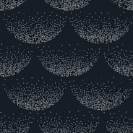 Seamless geometric vector pattern with shapes overlaping each other in rows. Black and white background. Stipple effect repeating texture. Minimalisic wallpaper.のイラスト素材