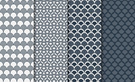 Seamless repeating chinese style texture set. Collection of simple geometric pattern textures in shadows of navy blue colors on white background. Set of 4 backgrounds.のイラスト素材