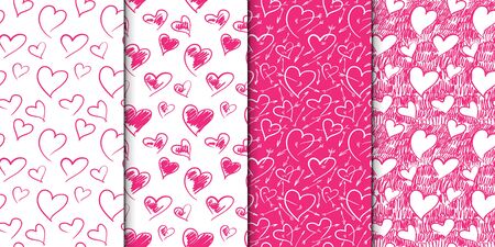 Abstract seamless heart pattern set. Set of repeating backgrounds with doodle hearts. Hand drawn illustration. Pink and white.のイラスト素材