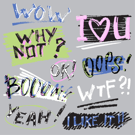 Set of stickers with slogans. Brightly colored stickers. Lettering. Fonts.のイラスト素材