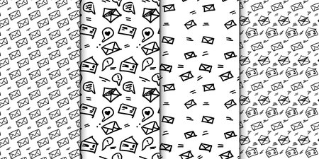 Seamless pattern set with hand drawn sketchy letters. Backround with doodled envrlopes. Momochrome minimalistic background. Hand drawn outlined illustration.のイラスト素材