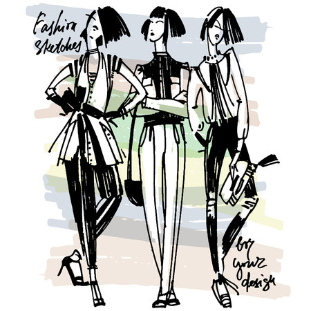 Fashion illustration, Marker hand drawn sketch of three women.のイラスト素材