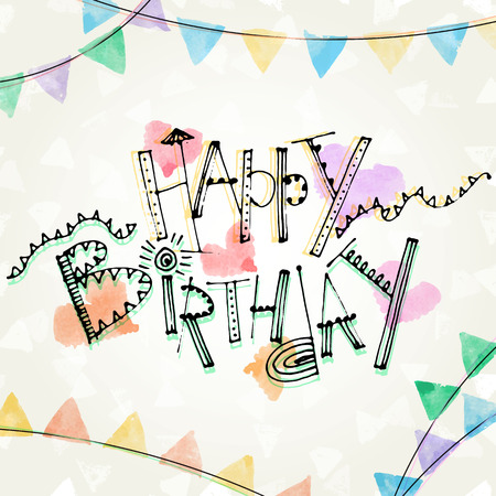 Hand drawn vector lettering. Happy Birthday phrase by hand on bright background. Vector illustration. Handwritten modern calligraphy. Inscription for postcards, posters, prints, greeting cards.のイラスト素材