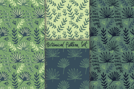 Floral hand drawn seamless pattern set. Hand drawn abstract fancy leaves and grasses. Folk hand drawn style. Summer ornament. Colorful background. Repeatable backdrop.のイラスト素材