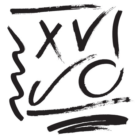 Vector hand drawn set of brush strokes and marks. Monochrome painted strokes. Brushed check and cross marks, underlines, circle and wavy line.のイラスト素材