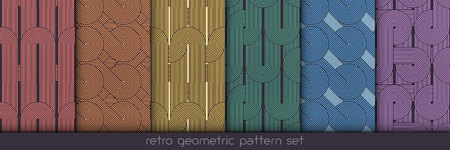 Seamless geometric pattern set. Geometric simple prints. Vector repeating textures. Linear backgrounds. Retro motif graphic textures with 80s graphic motif. Colored repeating backdrop collection.のイラスト素材