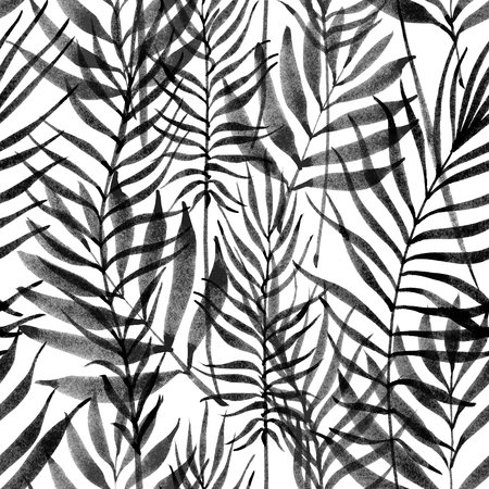 Tropical leaves, jungle pattern. Seamless ink brush botanical pattern. Watercolor monochrome background. Palm leaves.の写真素材