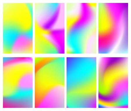 Fluid iridescent multicolored backgrounds. Vector illustration of fluids. Background set with holographic neon effect.のイラスト素材