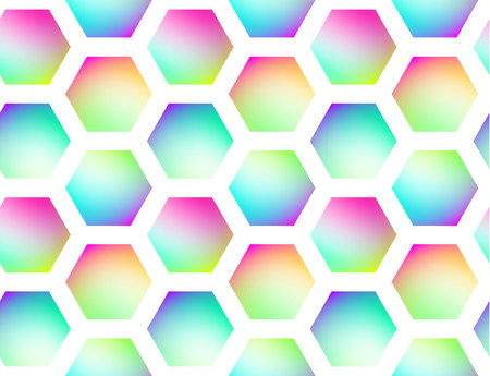 Holographic vector seamless background. Hexagones motif. Gradient shapes. Colorflul repeatable pattern with vivid neon colors and fluid effect.のイラスト素材