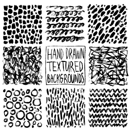 Hand drawn textures, template. Hatching drawn pattern, vector design elements Vector set of background texture, points, strokes, ornament in grunge styleのイラスト素材