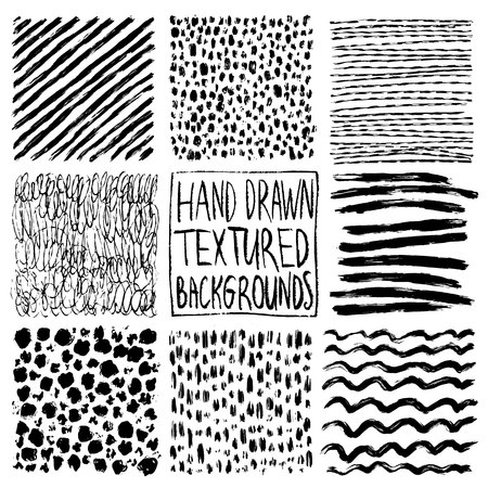 Hand drawn textures, template. Hatching drawn pattern, vector design elements Vector set of background texture, points, strokes, ornament in grunge styleのイラスト素材