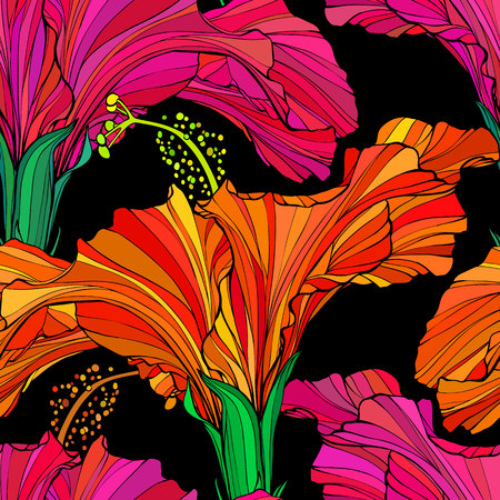 Beautiful seamless floral jungle pattern background. Tropical flowers bright color background. Hibiscus flower realistic vector repeatable design.のイラスト素材