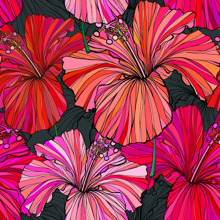 Beautiful seamless floral jungle pattern background. Tropical flowers bright color background. Hibiscus flower realistic vector repeatable design.のイラスト素材