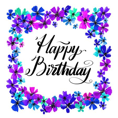 Hand drawn vector lettering. Happy Birthday phrase by hand on bright floral background. Handwritten modern calligraphy. Inscription for postcards, posters, prints, greeting cards.のイラスト素材