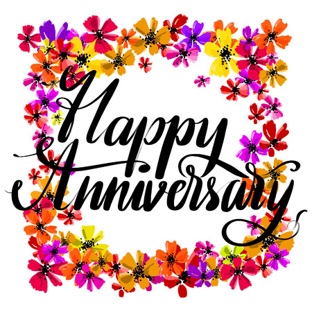 Hand drawn vector lettering. Happy Anniversary phrase by hand on bright floral background. Handwritten modern calligraphy. Inscription for postcards, posters, prints, greeting cards.のイラスト素材