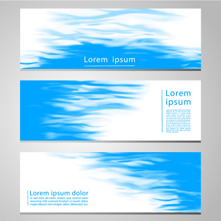 Set of three banners, abstract headers with hand painted blue strokes with water surface motif, abstract background artistic collection. Horizontal web banner set with water surface.のイラスト素材