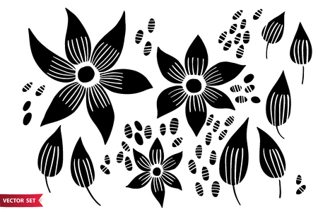 Vector set of hand drawing wild plants, herbs and flowers, monochrome artistic botanical illustration, isolated floral elements, hand drawn set.のイラスト素材