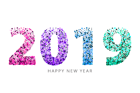 2019 numbers with various color glitter on white background. New year banner with light effects. Design for holiday greeting cards and invitations.のイラスト素材