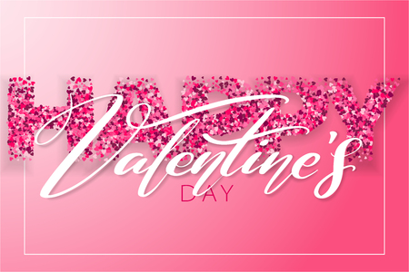 Happy Valentines Day horizontal banner design. 14 February. Pink color romantic template with small heartsのイラスト素材