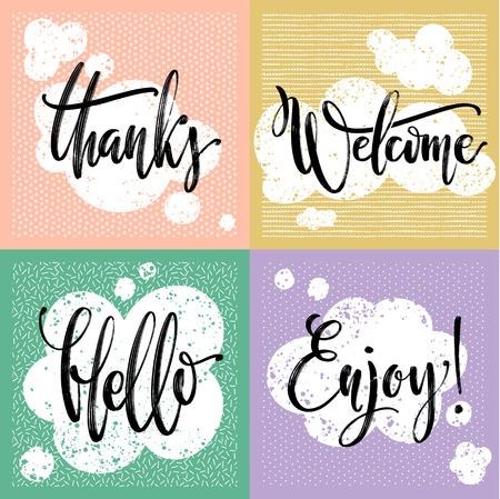 Vector calligraphic set of commonly used greetings, hand written words. Common words hand lettering. Cards with brush ink words Hello, Enjoy, Thanks, Welcome in call out speech cloudsのイラスト素材