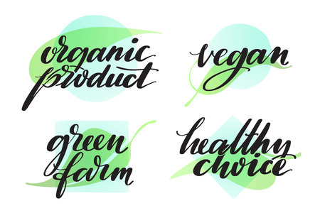 Set of healthy organic farming words. Hand drawn creative calligraphy and brush pen lettering. Food label or sticker setのイラスト素材