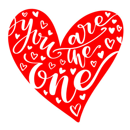 Valentines Day creative artistic hand drawn card. Vector illustration. Wedding, love, romantic template. You are the one words inside the heartのイラスト素材