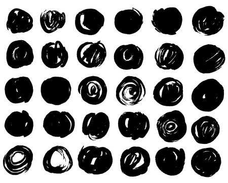 Vector set of 30 hand painted circles for backdrops. Monochrome artistic hand drawn backgrounds. Hand drawn stains round shape setのイラスト素材