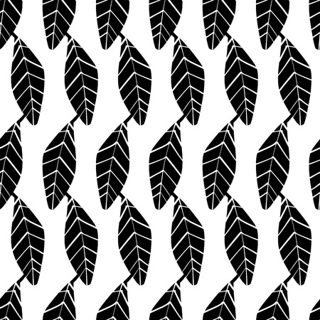 Black and white seamless pattern with leaves, vector background. Repeatable botanical minimalistic backdrop. Geometric tea leaves motifのイラスト素材