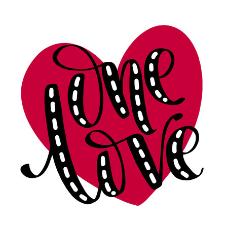 One love. Hand drawn lettering isolated on white background with red heart shape. Design element for poster, greeting card, banner. Vector illustration.のイラスト素材