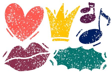 Hand drawn various textured shapes for backdrops. Vector textured multi color elements for designs. Simple textured backgrounds in shape of lips, heart, music notes, explosion cloud.のイラスト素材