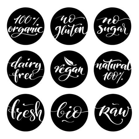 Healthy food label set. Product labels or stickers. 100 percent organic, no gluten, no sugar, dairy free, vegan, natural 100 persent, fresh, bio and raw words by brush on black circle backgroundsのイラスト素材