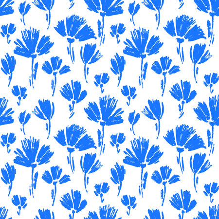 Vector seamless pattern with hand drawing wild flowers, colorful botanical illustration, floral elements, hand drawn repeatable background. Artistic backdrop with blue cornflowers.のイラスト素材