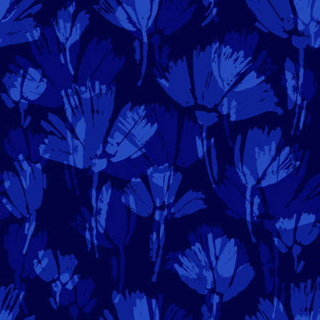 Vector seamless pattern with hand drawing wild flowers, colorful botanical illustration, floral elements, hand drawn repeatable background. Artistic backdrop with blue cornflowers.のイラスト素材