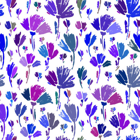 Vector seamless pattern with hand drawing wild flowers, colorful botanical illustration, floral elements, hand drawn repeatable background. Artistic backdrop with blue cornflowers.のイラスト素材