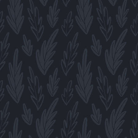 Vector seamless pattern with drawn leaves, dark color artistic botanical background. Repeatable floral backdrop.のイラスト素材