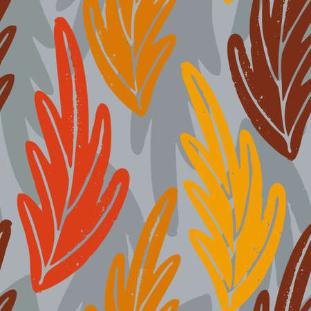 Vector seamless pattern with drawn autumn leaves, bright color artistic botanical background. Repeatable floral backdrop.のイラスト素材