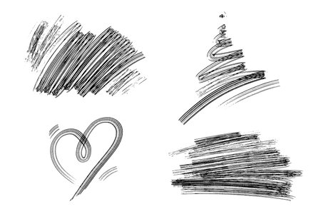 Vector set of hand drawn shapes. One color hand drawn hearts, christmas tree and rectangular strokes. Hand drawn backdrops.のイラスト素材