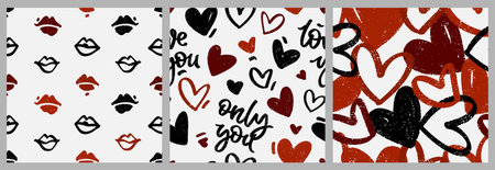 Pattern set with textured hearts, lips and hand written words love you and only you. Seamless romantic backgrounds.の写真素材