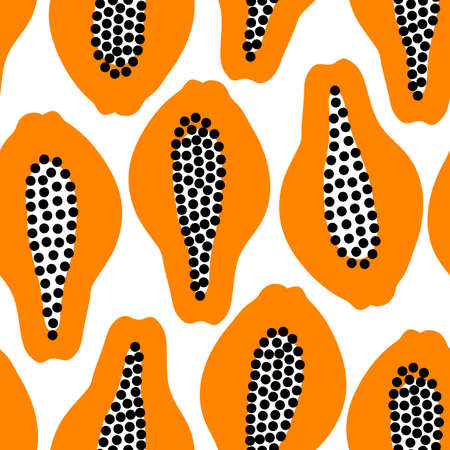 Vector seamless pattern with fruits. Colorful hand drawn minimalistic background. Papaya halves with leaves backdrop.のイラスト素材